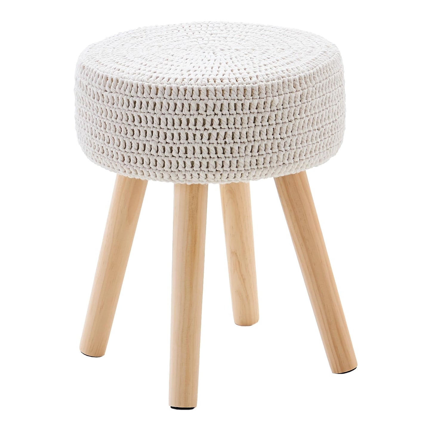 Wimarsbon Pouf Ottoman, 100% Cotton Knitted Boho Footstool, Round Footrest with Non-Skid Wood Legs, Home Décor Handmade Pouffe, Leisure Floor Step Stool for Living Room (Long Leg - Beige)