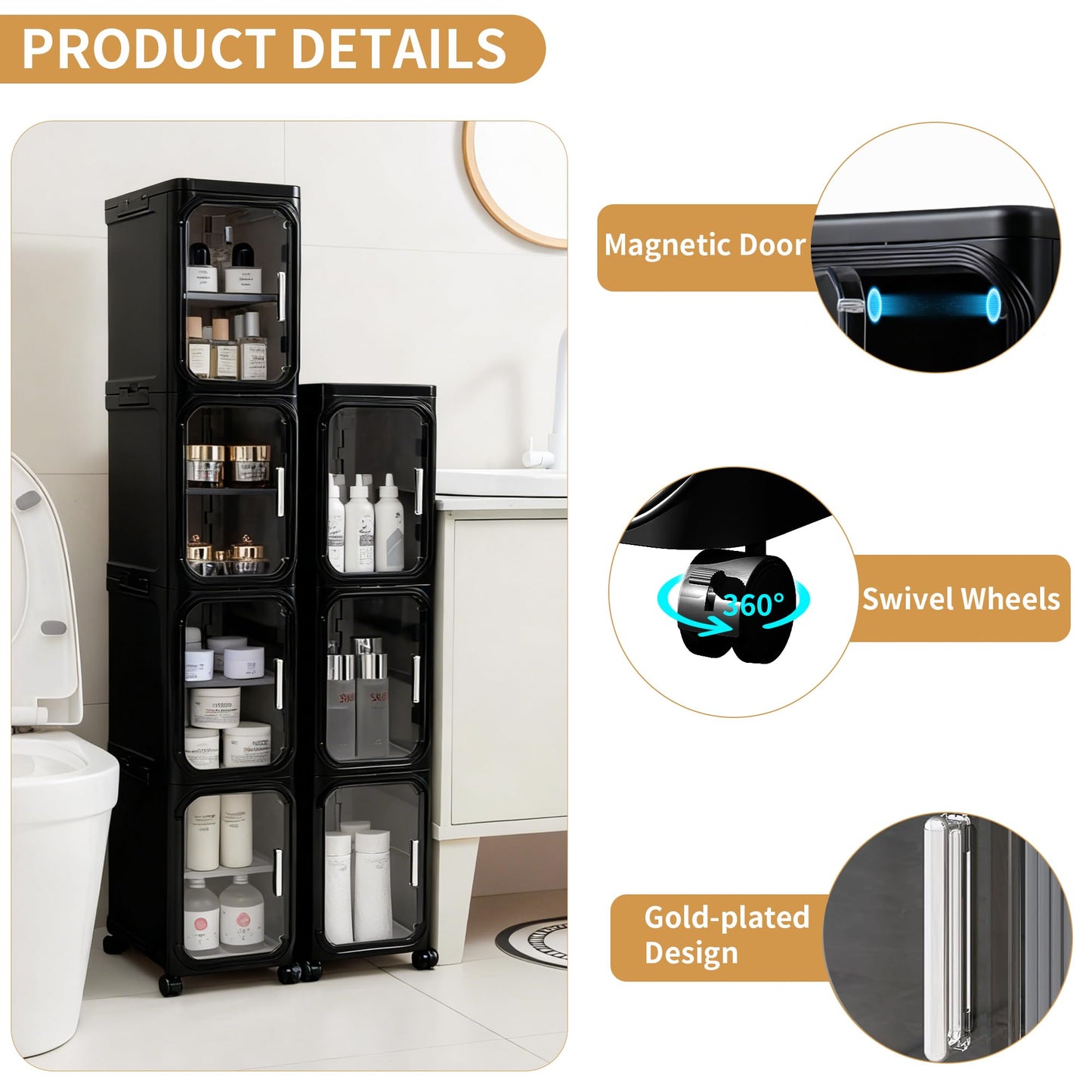 Lifelongpal 4-Tier Tall Narrow Slim Bathroom Storage Cabinet, Black