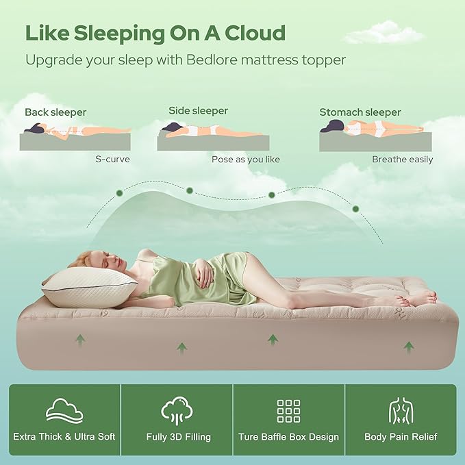 BEDLORE Twin Mattress Topper Viscose Derived from Bamboo, Thick Pillow Top