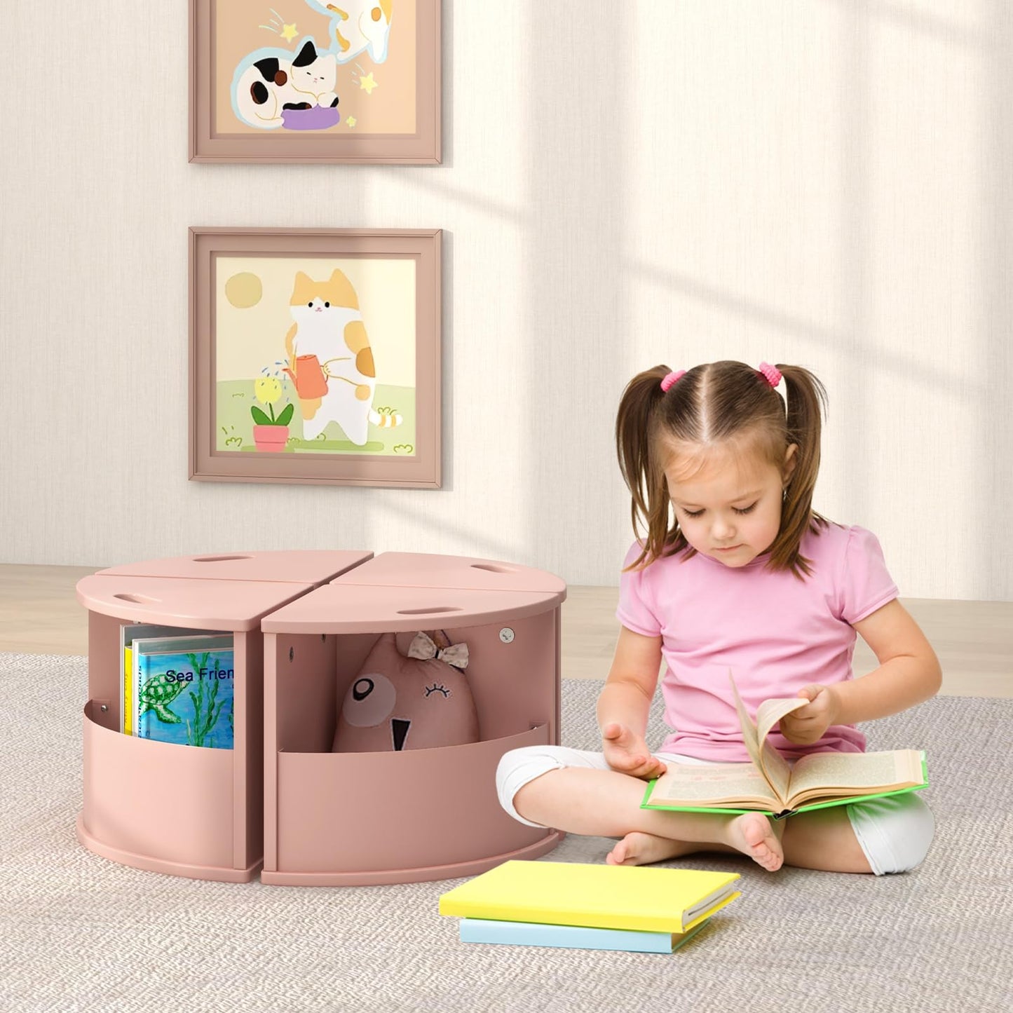 INFANS Toddler Table and Chair Set with 4 Storage Stools, Wooden Flower Shaped Nesting Table with Blackboard Drawers, Children Multi-Activity Table for Art Crafts Draw Read Boys Girls 3+