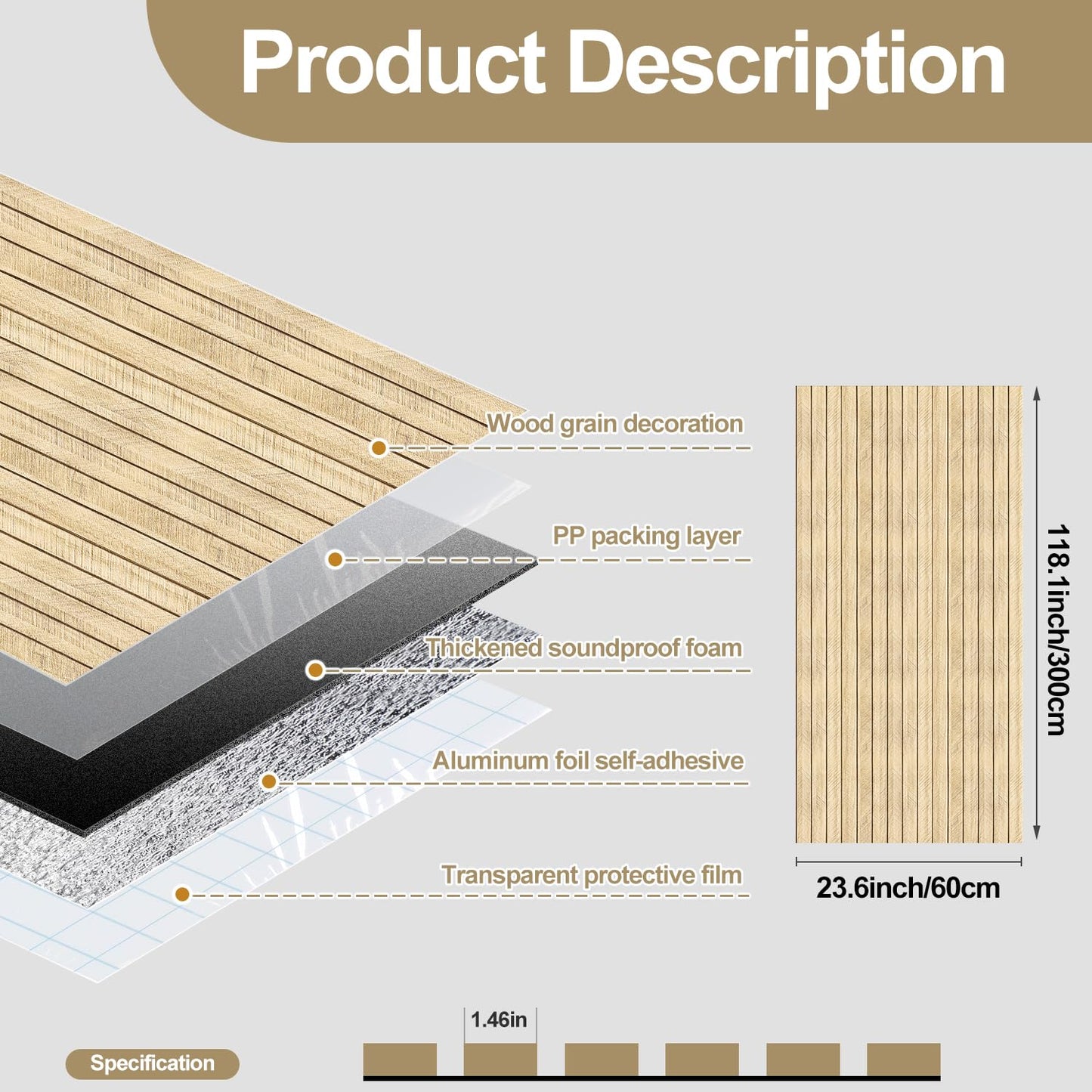 Chejiaye Wood Slat Peel and Stick 3D Wall Panel -23.6"x118"Soundproof Self-Adhesive Wall Sticker, Removable Thick PVC Slat Contact Paper for Kitchen, Bedroom,Ceiling Wall Decoration(Brown,19Sq.ft)