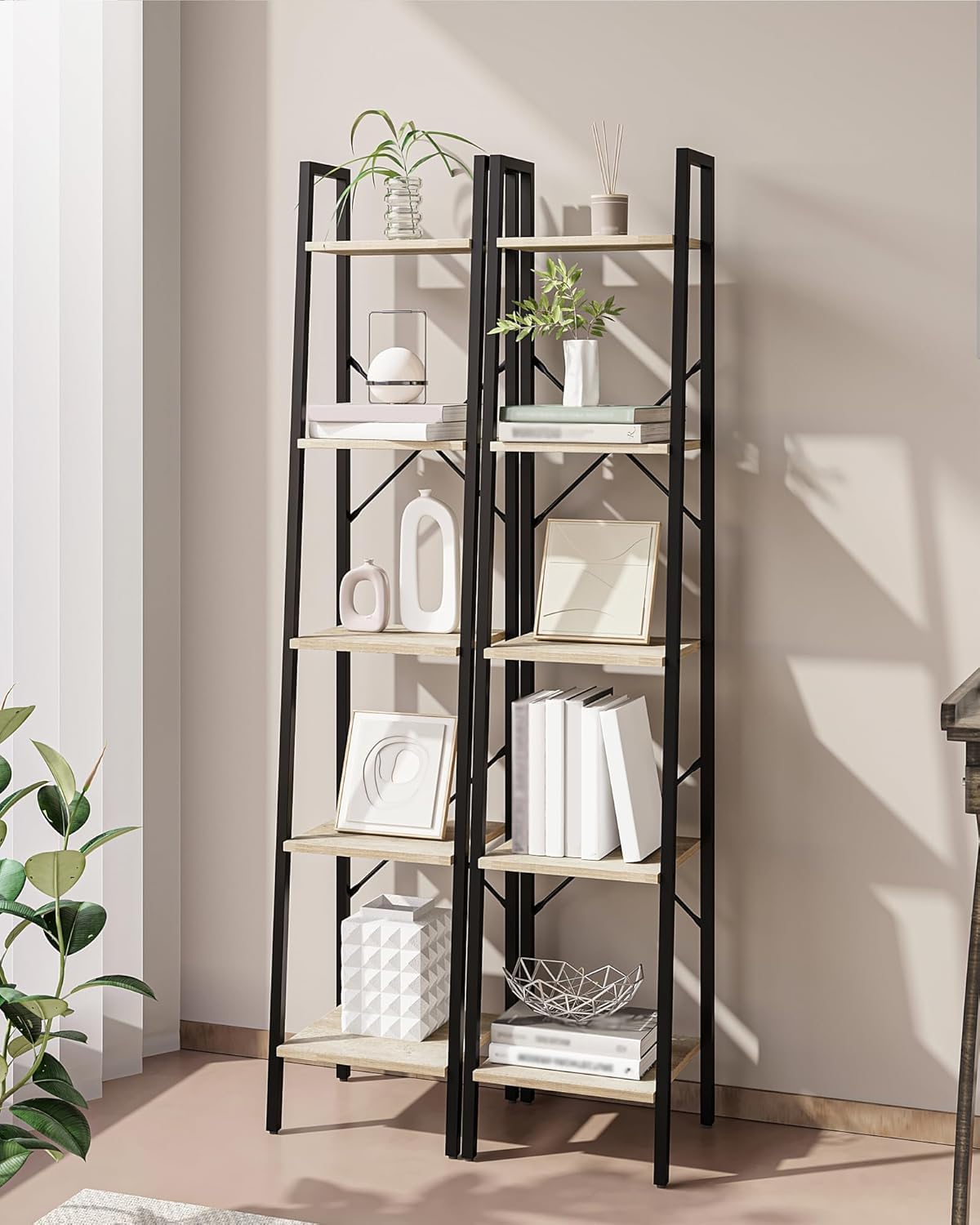 Hzuaneri Ladder Shelf, Bookshelf Bookcase, Freestanding Corner Storage Shelve with 2 Hooks for Home Office, Living Room, Kitchen, Bedroom, Industrial, 11.8" D x 13.4" W x 63" H, Greige BC03205B