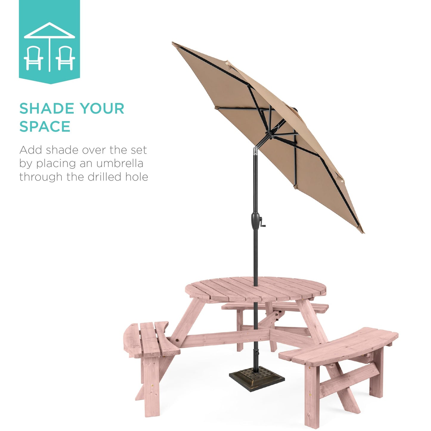 Best Choice Products 6-Person Circular Outdoor Wooden Picnic Table for Patio, Backyard, Garden, DIY w/ 3 Built-in Benches, 500lb Capacity - Rose Quartz