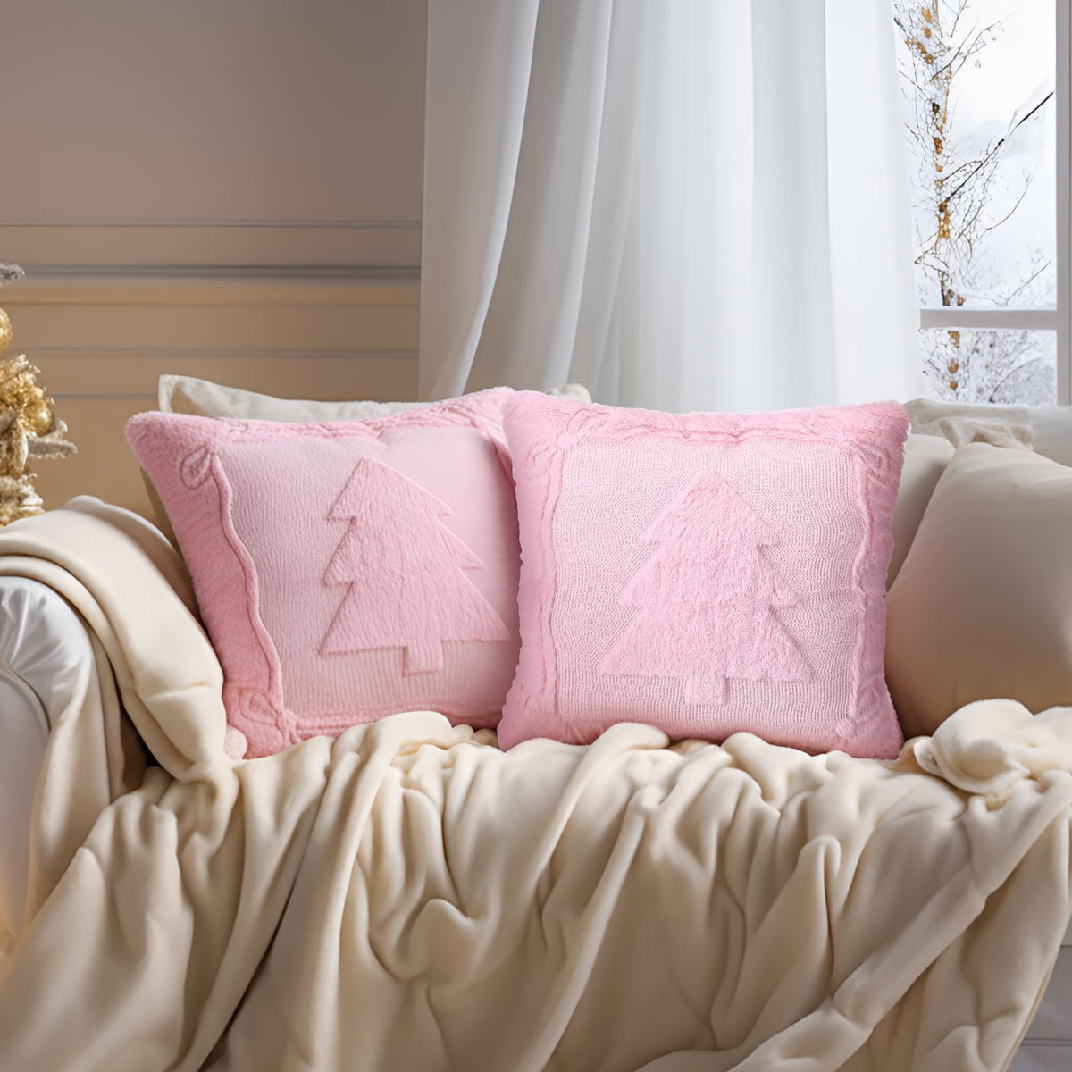Remagr 2 Pack Christmas Tree Pink Pillow Covers 18 x 18 Inch Pink Bow Throw Pillow Covers Soft Plush Faux Fur Cushion Case for Christmas Bedroom Sofa Winter Home Holiday Decor