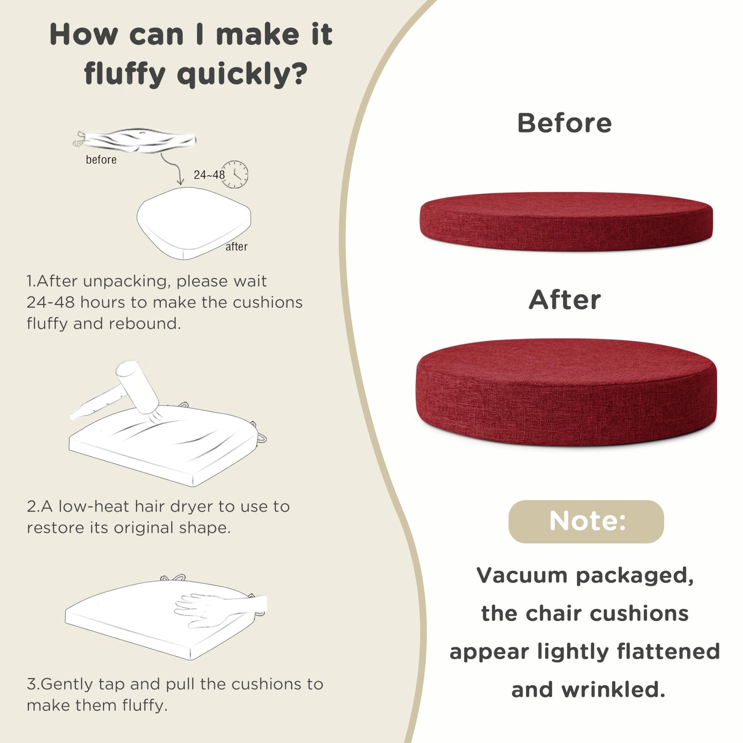AddGrace 2.5" Thick Non Slip Round Chair Pad 1 Pack, 16" Round Chair Cushion with Machine-Washable Cover and Long Zipper, Seat Cushions for Kitchen, Office, Floor and 16" Ottoman, Red
