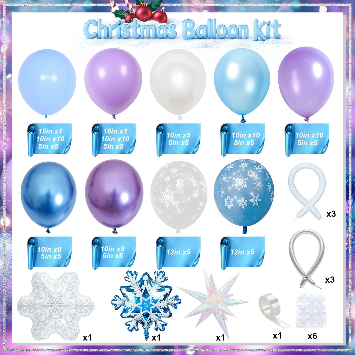 Froova Winter Balloon Arch Kit, Blue Purple Silver and Snowflake Balloon Garland Iridescent Star Snowflake Foil Balloons for Winter Wonderland Baby Shower Girls Princess Birthday Party Decorations