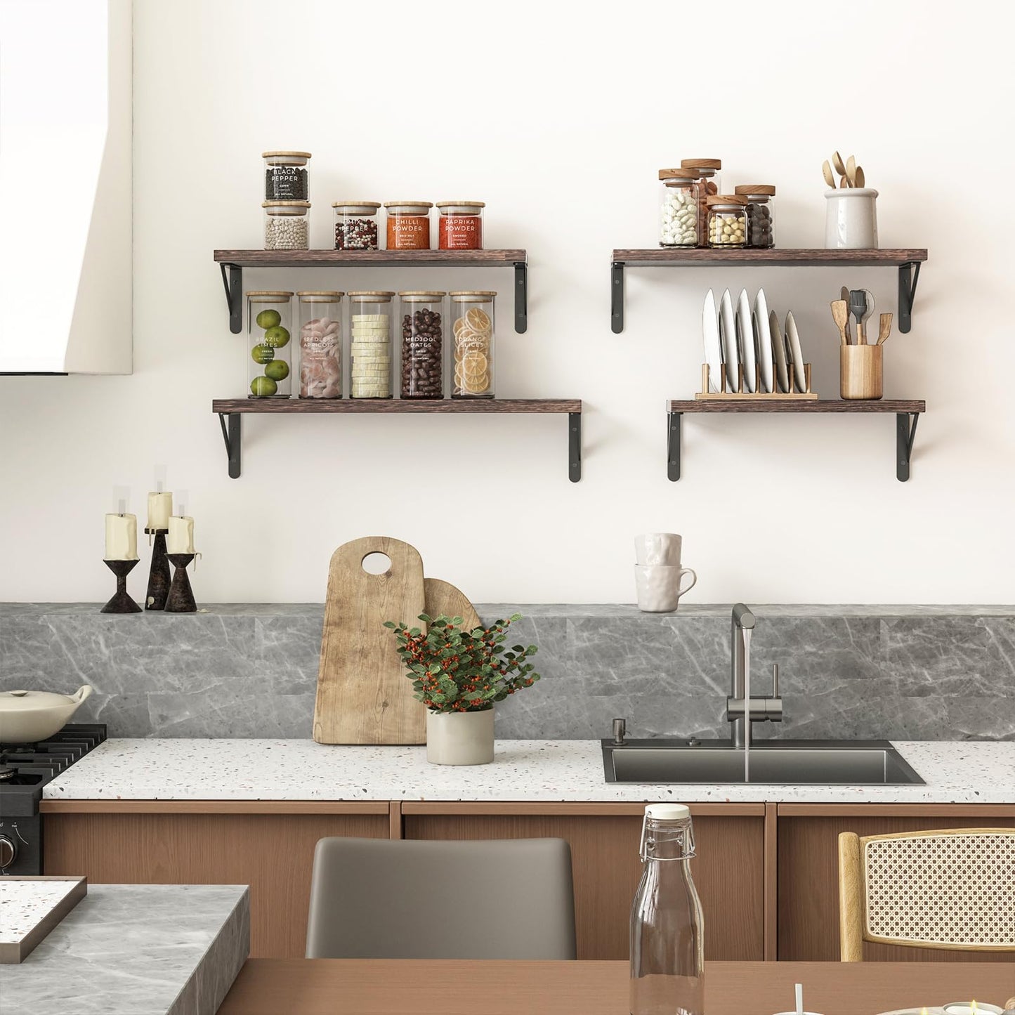 YGEOMER Wall Shelves, 4pcs Different Sizes Dark Carbonized Brown Floating Shelves for Decor