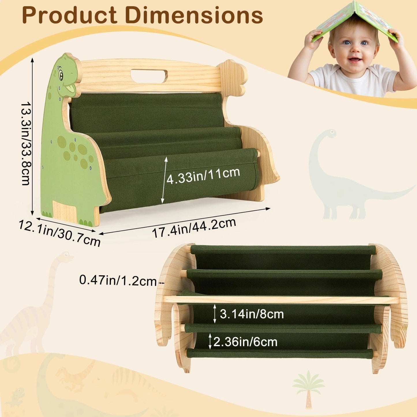 SheSeek Toddler Bookshelf Double-Sided with 4 Tier Deep Sleeves Kids Wooden Montessori Book Rack for Baby Nursery Room, Playroom, Classroom or Bedroom Bookcase Storage Organizer, Green Dinosaur