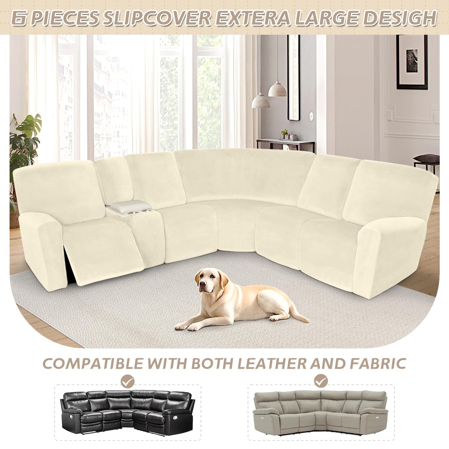 Arfntevss Sectional Recliner Couch Covers Velvet Washable Corner Sectional Sofa Cover for Reclining Stretch Soft Thick L Shape Recliner Slipcover Set (5 Seat with 1 Console Cover, Beige)