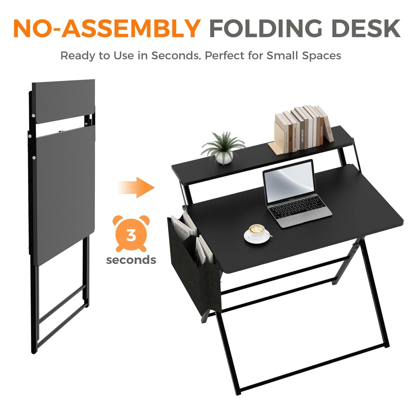 Small Desk No Assembly,31.5Inch 2-Tier Compact Computer Desk with Shelf & Side Pocket,Space Saving Foldable Table for Home Office, Bedroom or Apartment,Portable Collapsible Sturdy Laptop Desk,Black