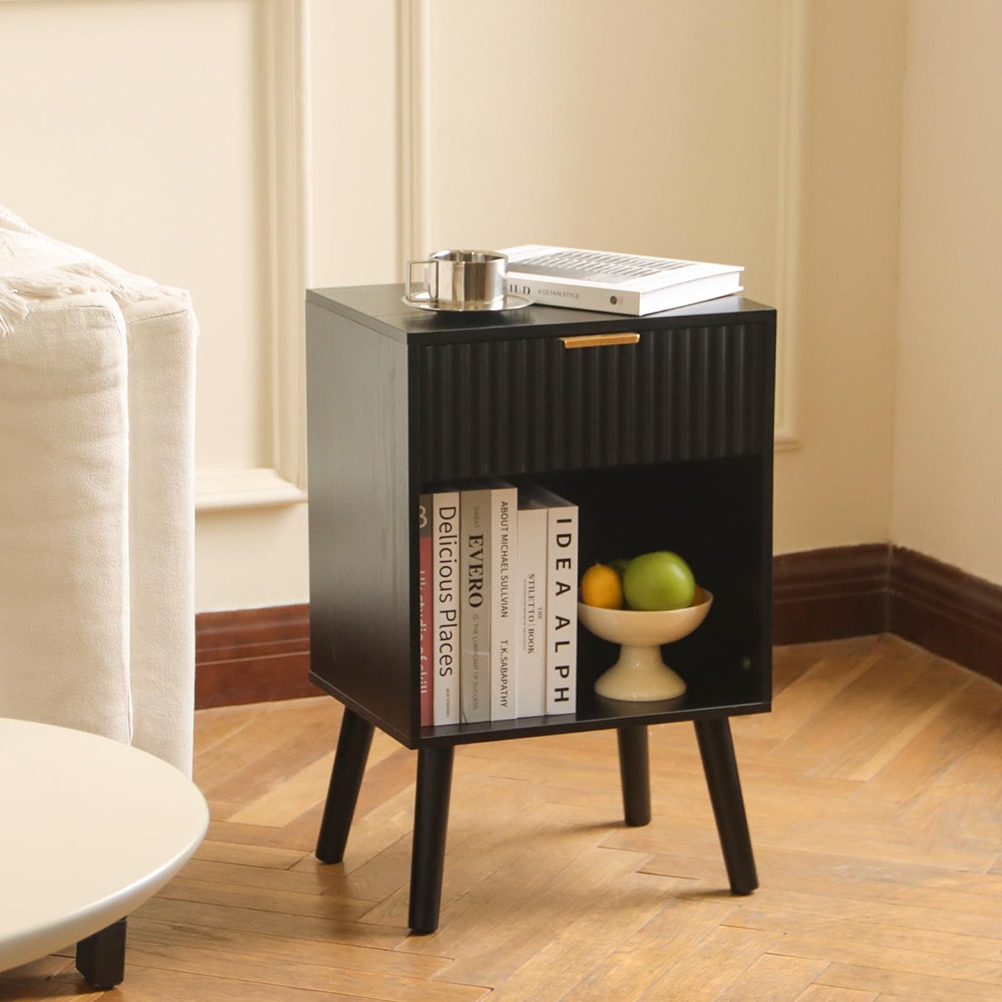 Fultyle Black Fluted Nightstand, Modern Bedside Table with Drawer and Open Storage, End Side Table Living Room with Solid Wood Legs for Bedroom (Black)