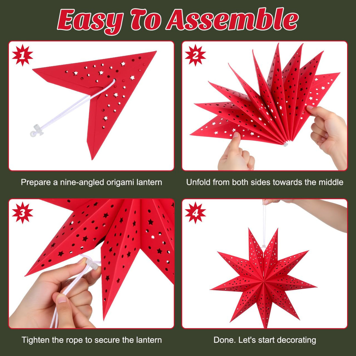 CALLARON 3Pcs Paper Star Lantern, Paper Christmas Decorations, Hanging Star Lantern, 9 Pointed Christmas Stars Lampshade, Foldable Red Lampshade Decor for Christmas, Wedding, Holiday Party, 14inch