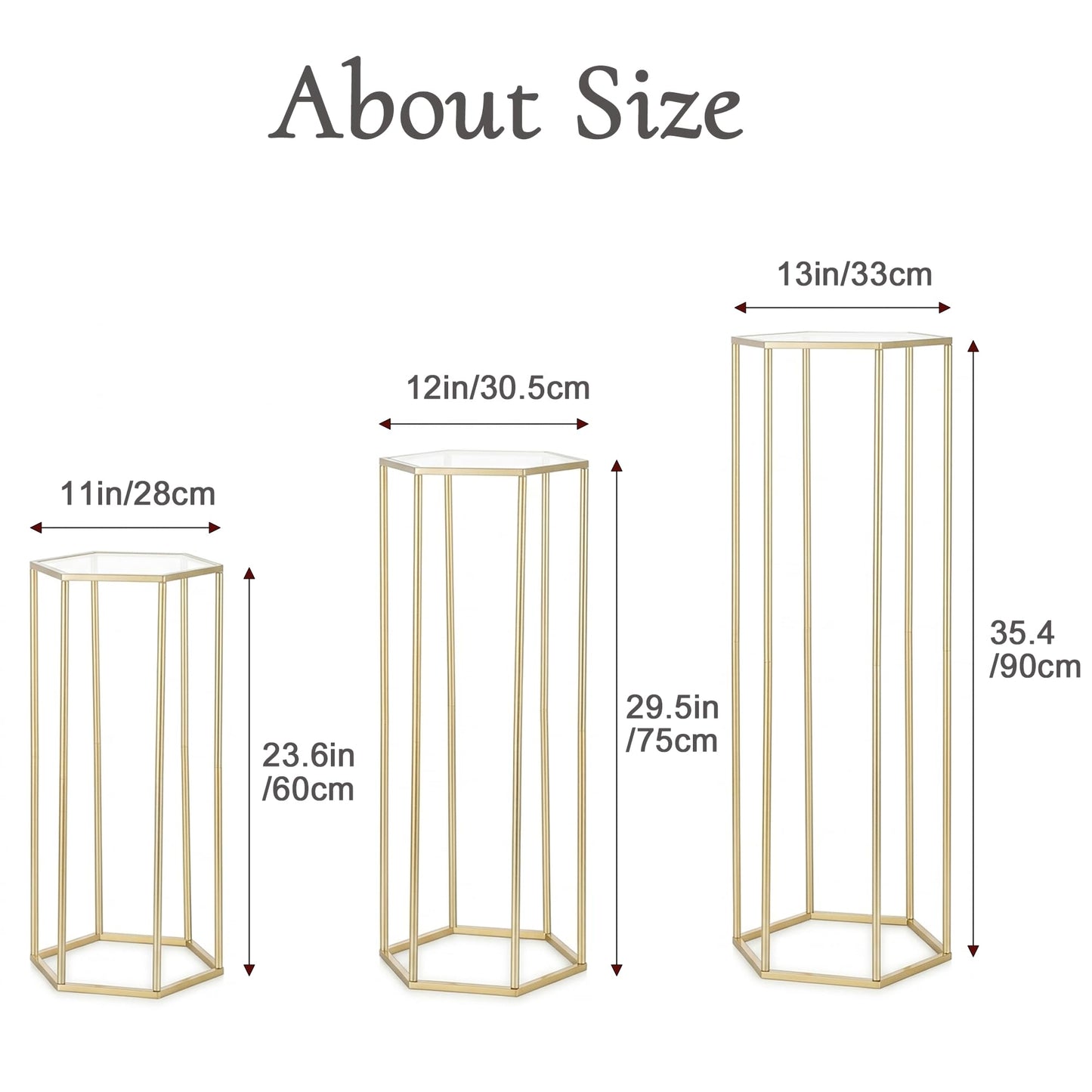 Inweder Cylinder Pedestal Stands for Party: Three-Piece Gold Hexagon - 23.6"/29.5"/35.4" Tall Gold Stand for Party - Cylinder Wedding Table for Outdoor Indoor Party