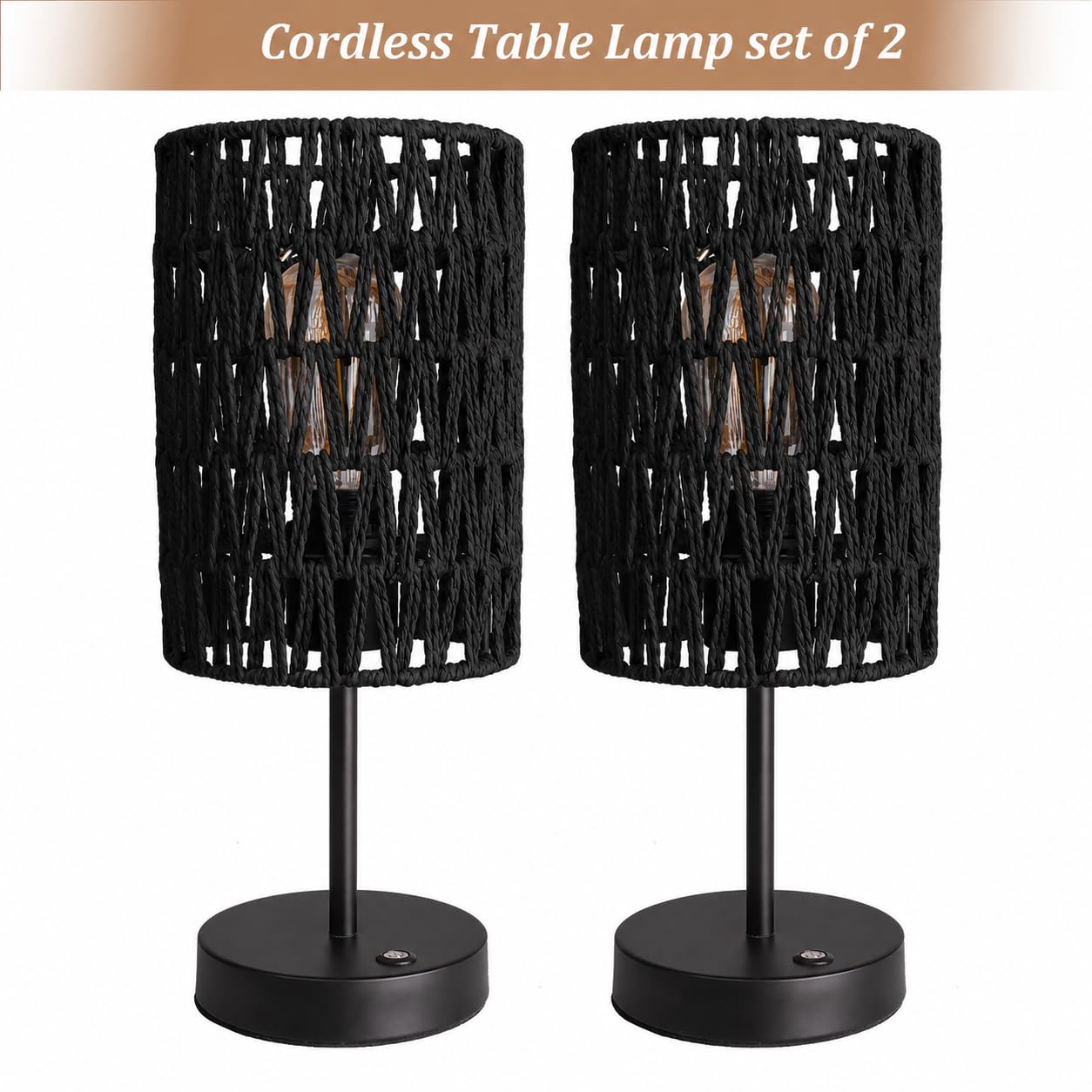 ALL FORTUNE Boho Cordless Outdoor Table Lamps, Rechargeable Battery Operated Rattan Table Lamps, Stepless Dimmable, for Covered Patio, Porch, Gazebo, Living Room, Bedroom Decor- Set of 2 (Black)