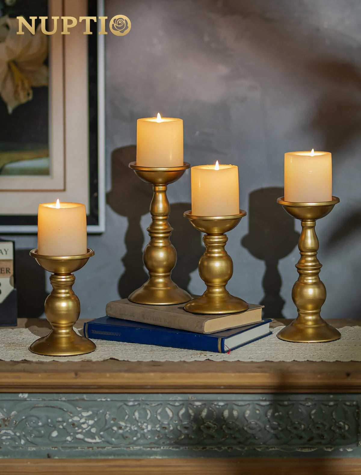 Set of 2 Gold Candlestick Metal Pillar Candle Holders, Flameless Candlestick Holders Stand Centerpieces Decoration Ideal for Weddings, Special Events, Parties