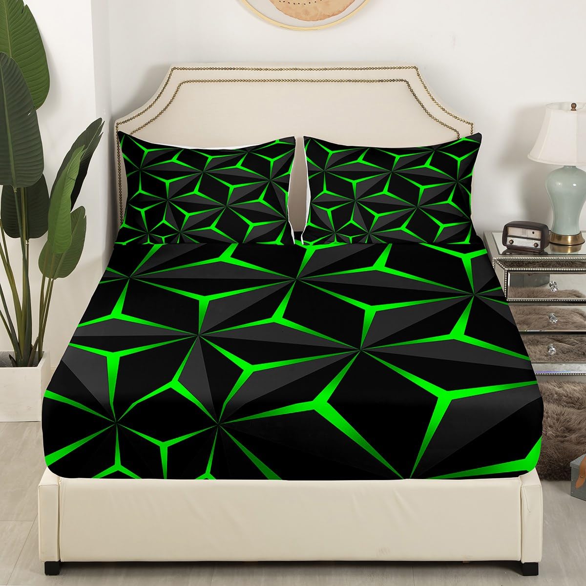 Feelyou Neon Honeycomb Sheet Set Twin Size,Geometric Stereoscopic Theme Teens Boys Bedding Set,Adults Bedroom Decoration 3D Green Print Fitted Sheet All Season