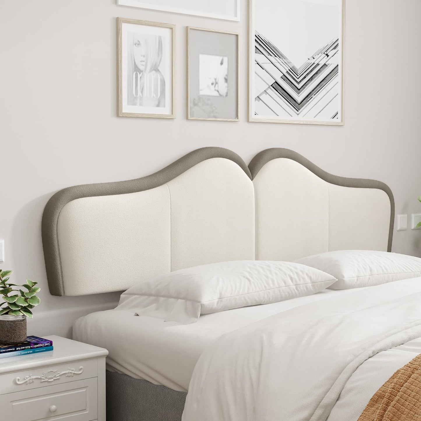 HouseMila King Headboard,Upholstered Headboards Bed Head Board Modern Wave Shaped Velvet Wall Mount Bed Headboard for Stylish Bedroom Decor(King,Beige+Brown)