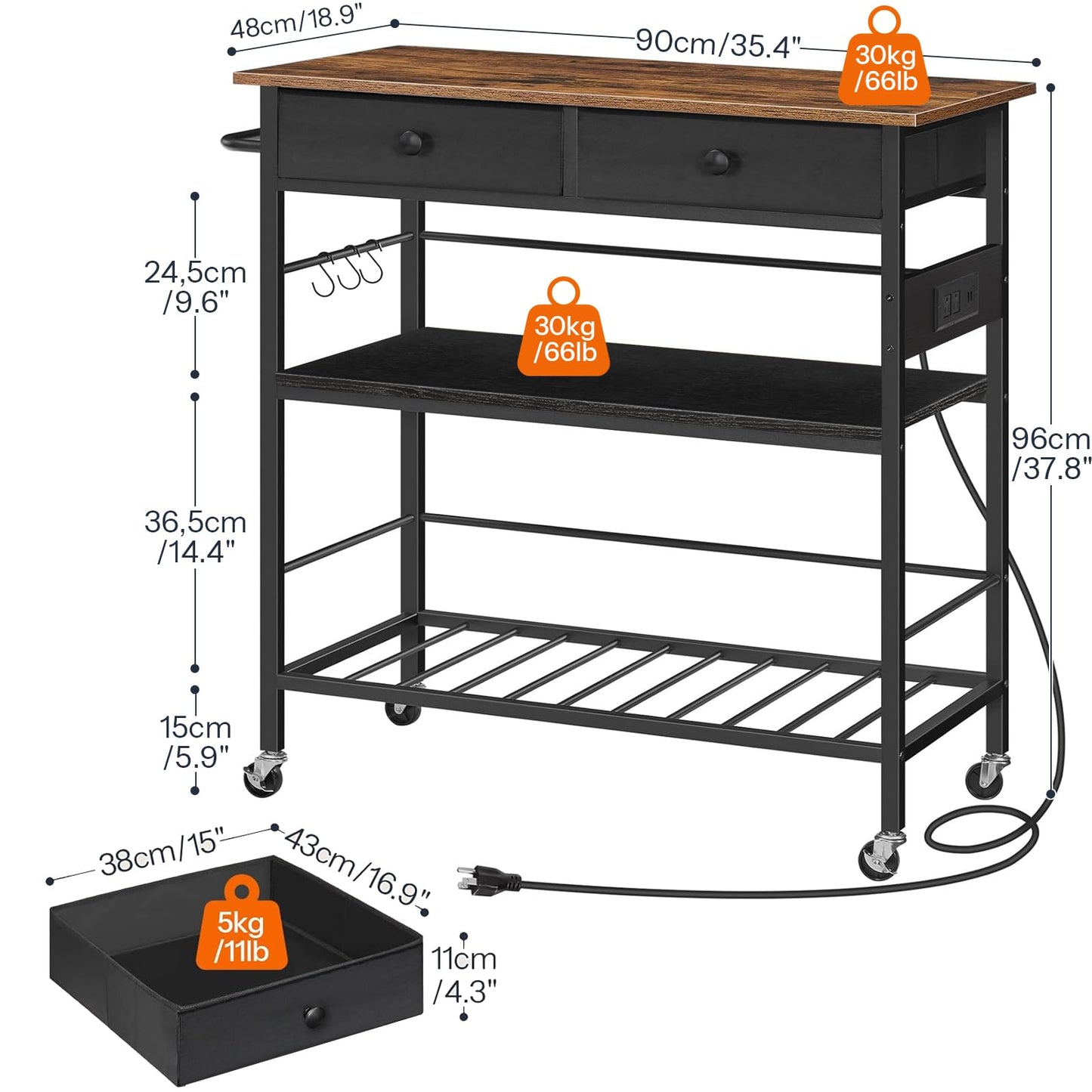 HOOBRO Kitchen Island with Storage, Rolling Island Cart for Kitchen with 2 Drawers & Outlet, 3 Tier Coffee Station and Microwave Stand, Kitchen Island Table for Home, Rustic Brown and Black FB08UZD01