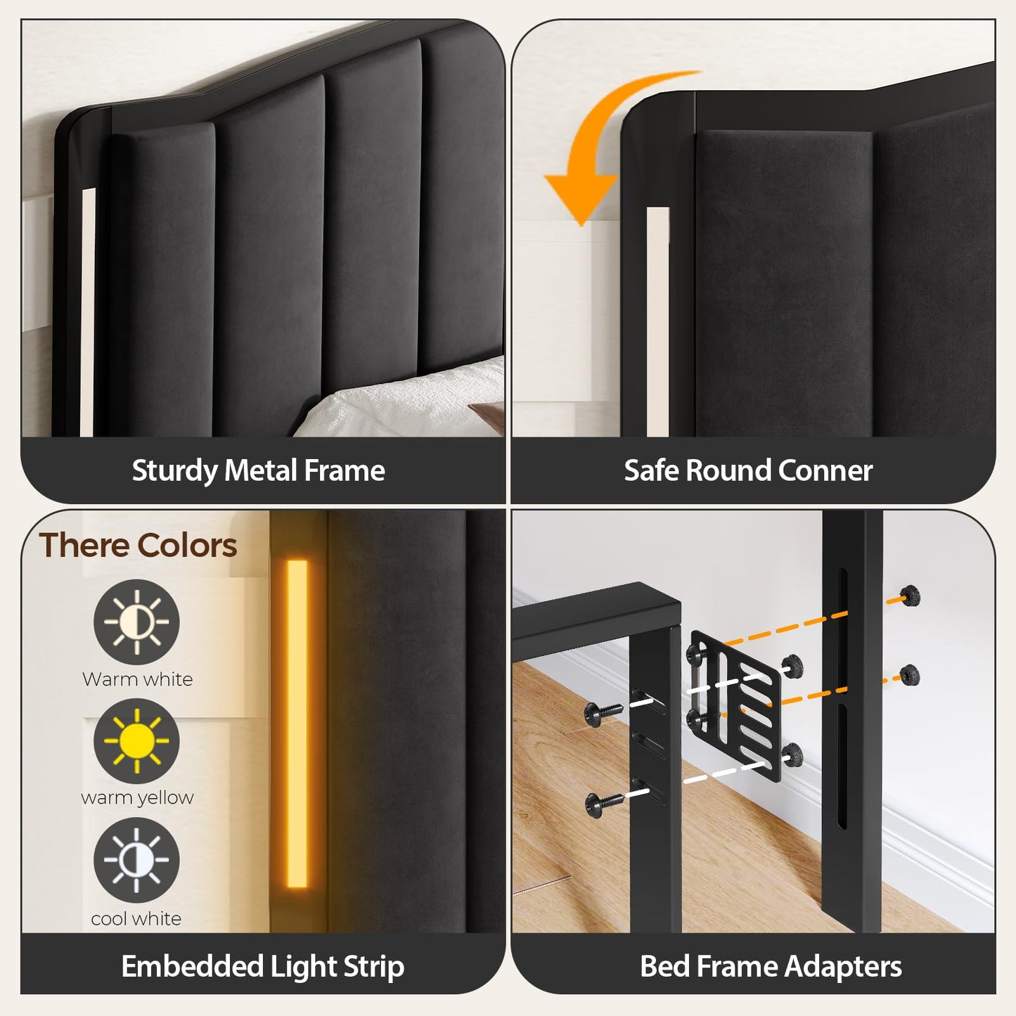 Salamir Headboard for Queen Size Bed with LED Lights, Upholstered Vertical Channel Tufting Head Boards, Velvet Headboard Only, Attach Frame, Ideal for Bedroom, Dorm, Guest Room, Black