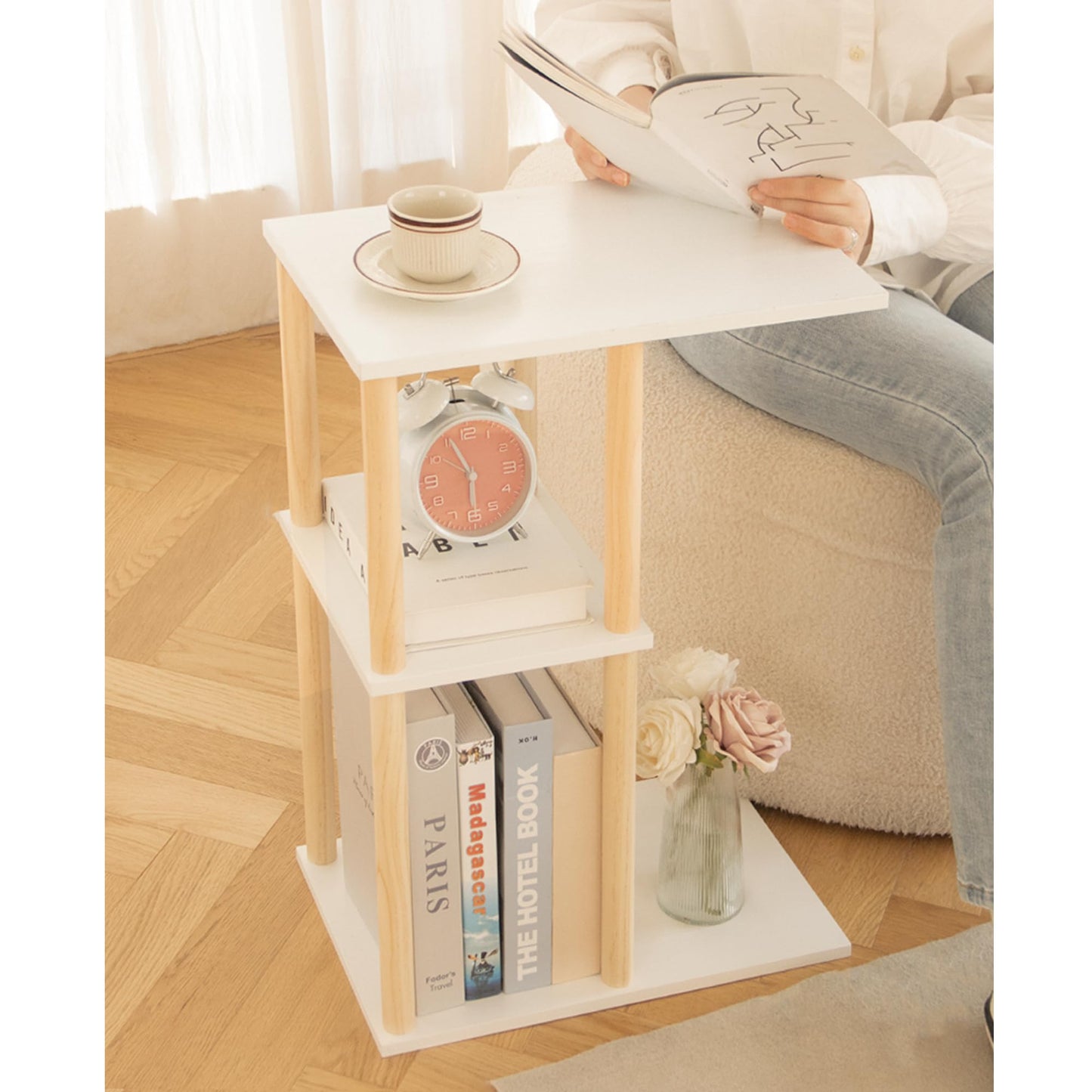 AWASEN C Shaped End Table, Small Side Table for Couch, 3-Tier Wood Sofa Table Coffee Table for Living Room, Small Space, Bedroom, Home Office, Easy Assembly, Natural and White