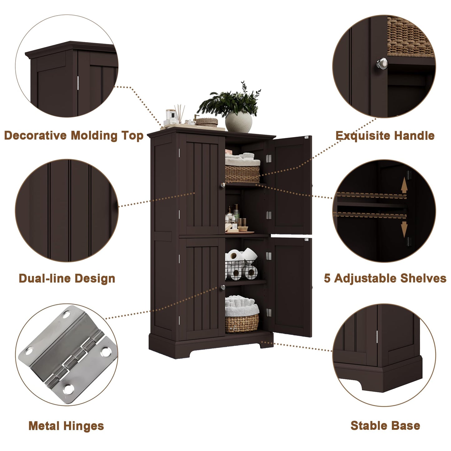 ChooChoo Bathroom Floor Cabinet, Modern Bathroom Storage Cabinet with 4 Doors and Adjustable Shelves, Freestanding Cupboard for Living Room, Espresso