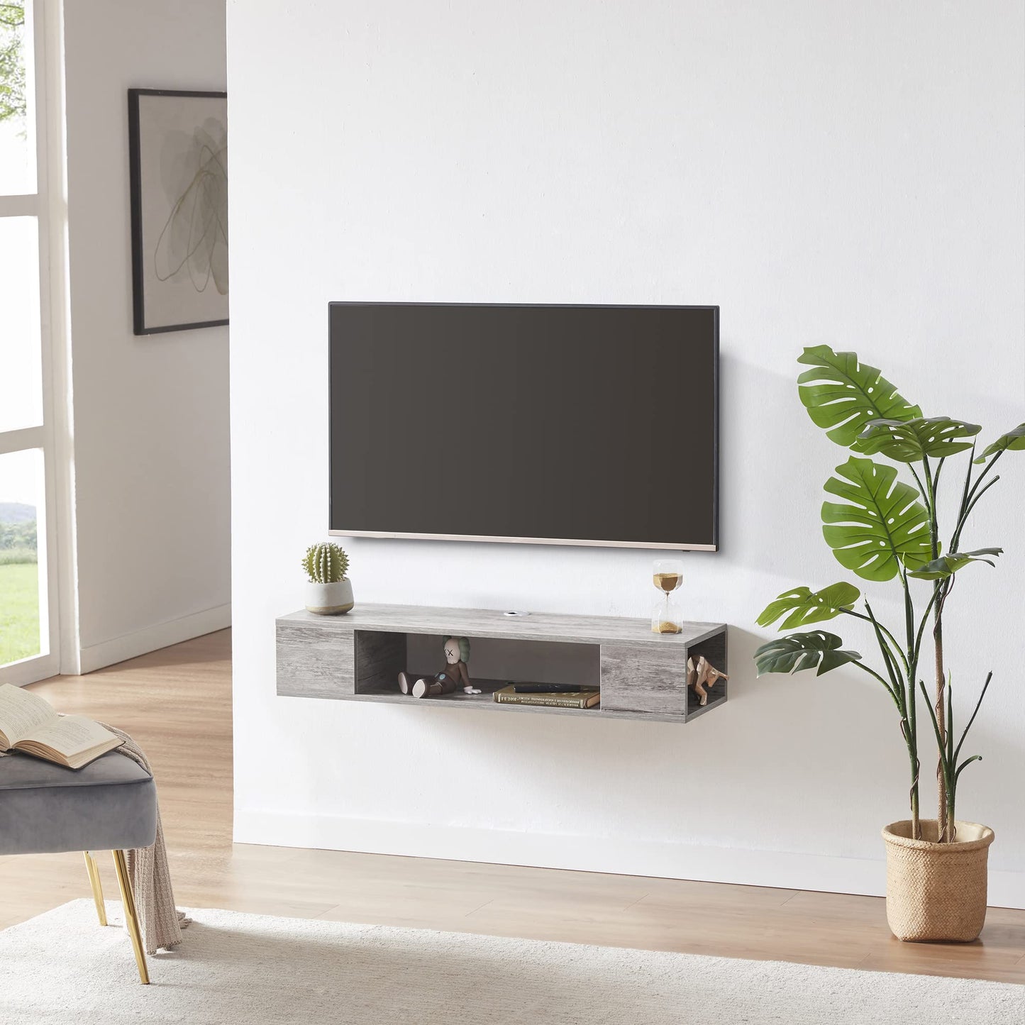 GHC Floating TV Stand, Wall Mounted Entertainment Center and Cabinet Shelf, TV Console with Storage, Media Console for DVD Player, Space-Saving Under TV Shelf for Bedroom, Living Room (Grey)