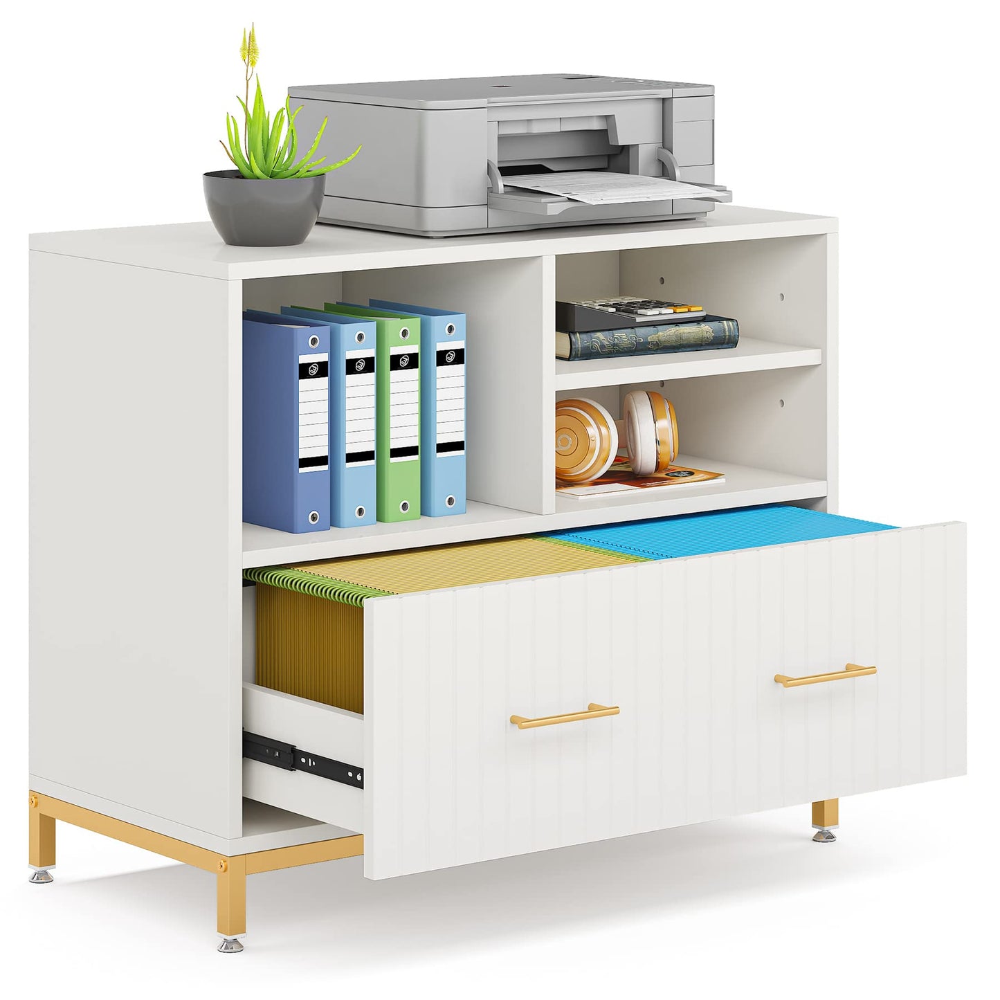 Tribesigns Lateral File Cabinet with Drawer, White Filing Cabinet for Letter/Legal/A4 Size Files, 35.4" Modern Wood File Storage Cabinets Printer Stand with Storage for Home, Office, White Gold