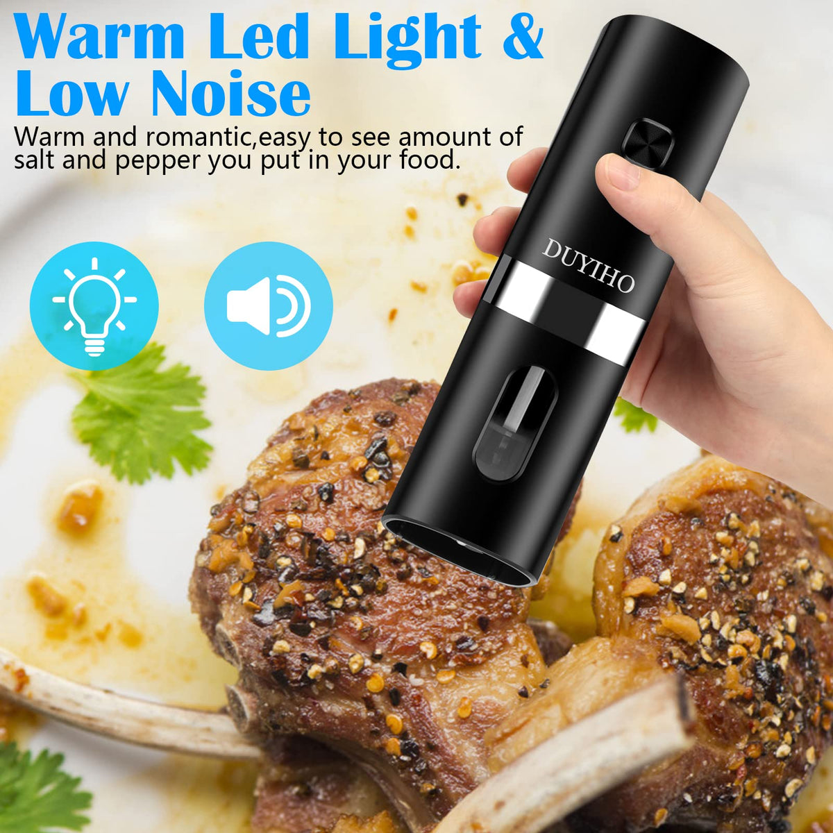 Rechargeable Electric Salt and Pepper Grinder Set with Double Charging Base, Support Battery Operated, Refillable Spice Automatic Mill Shakers Set with Adjustable Coarseness and LED Light
