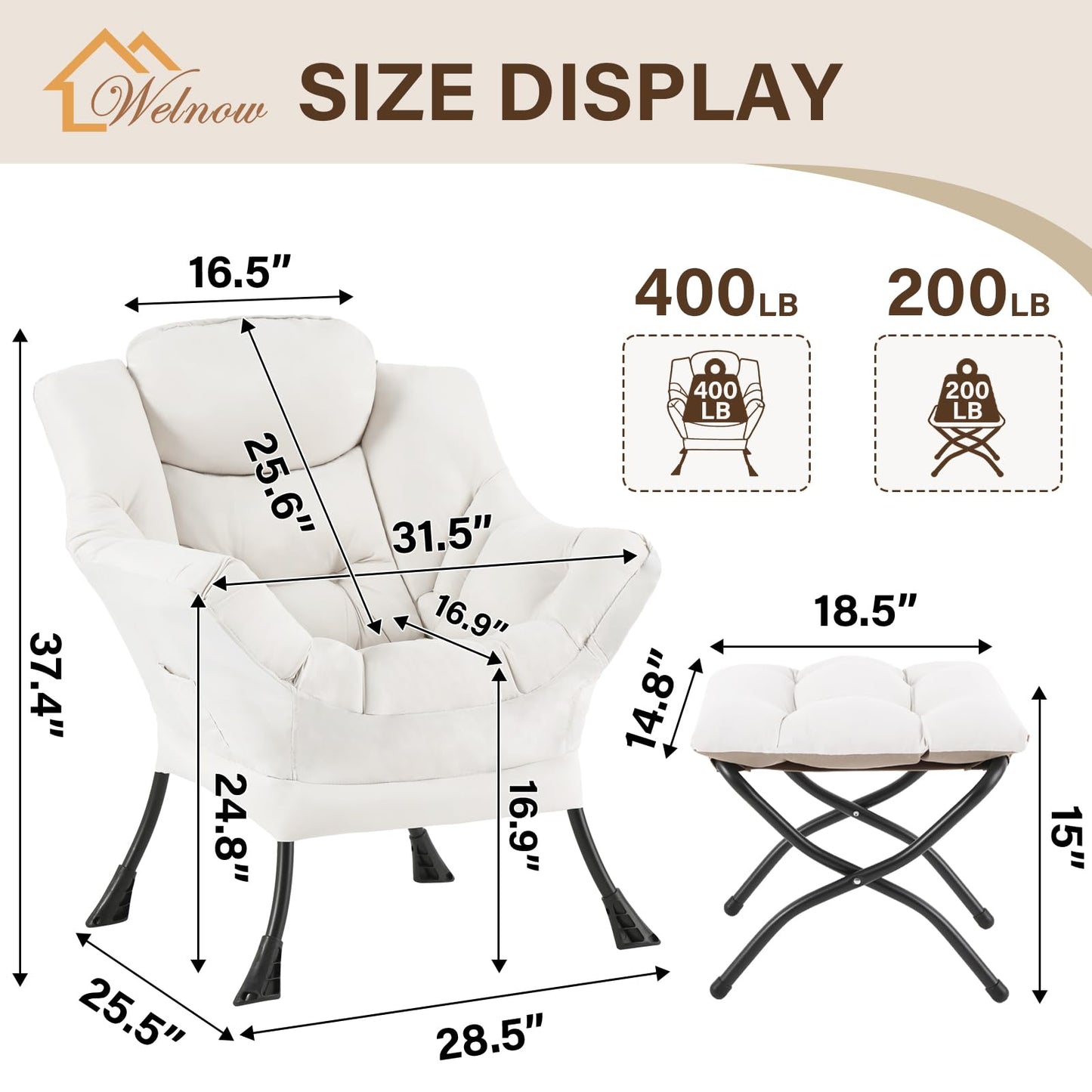 Welnow Lazy Chair with Ottoman, Modern Reading Accent Chair with Armrests and a Side Pocket, Leisure Upholstered Lazy Sofa Set with Footrest for Small Space, Beige