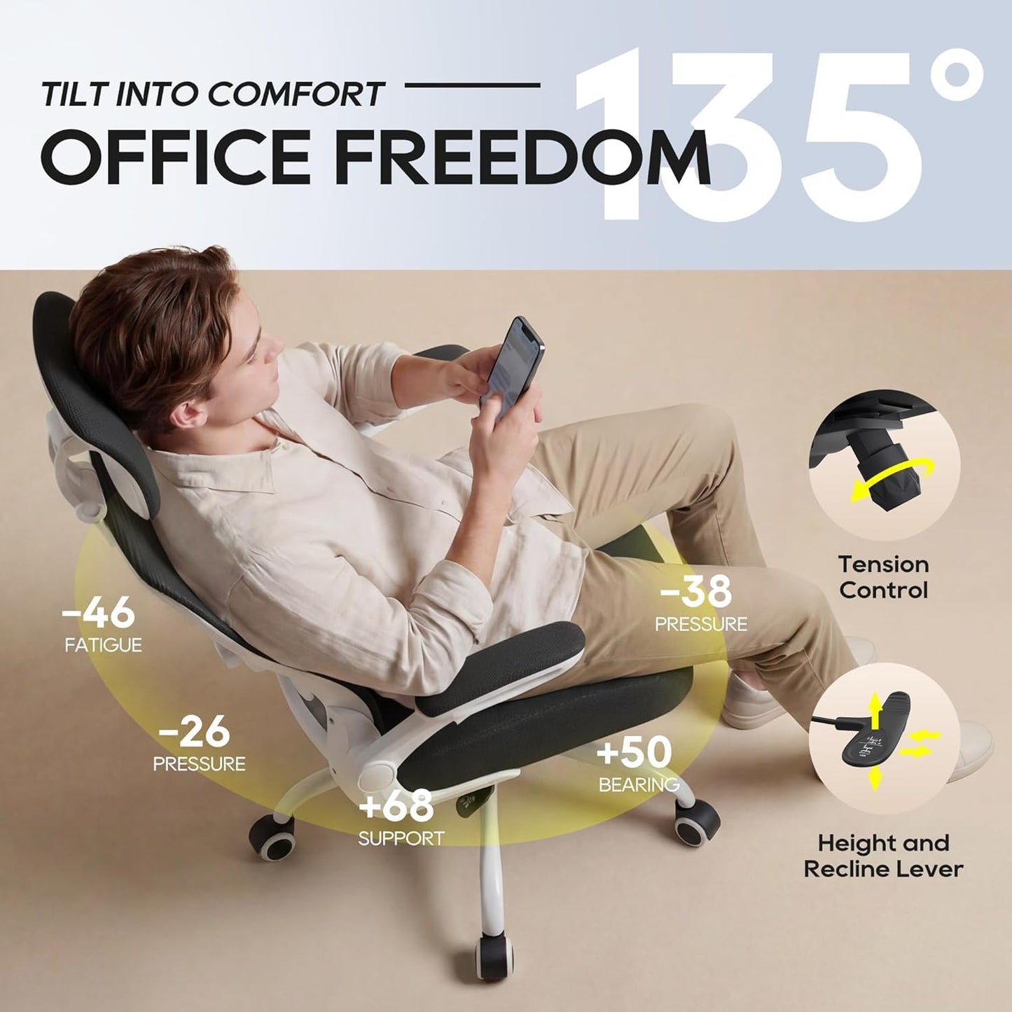 Ergonomic Office Chair for Long Hours, Full-Body Support, Relieve Neck & Back Pressure, 330LBS Capacity, Ideal for Home Office, Office & Study