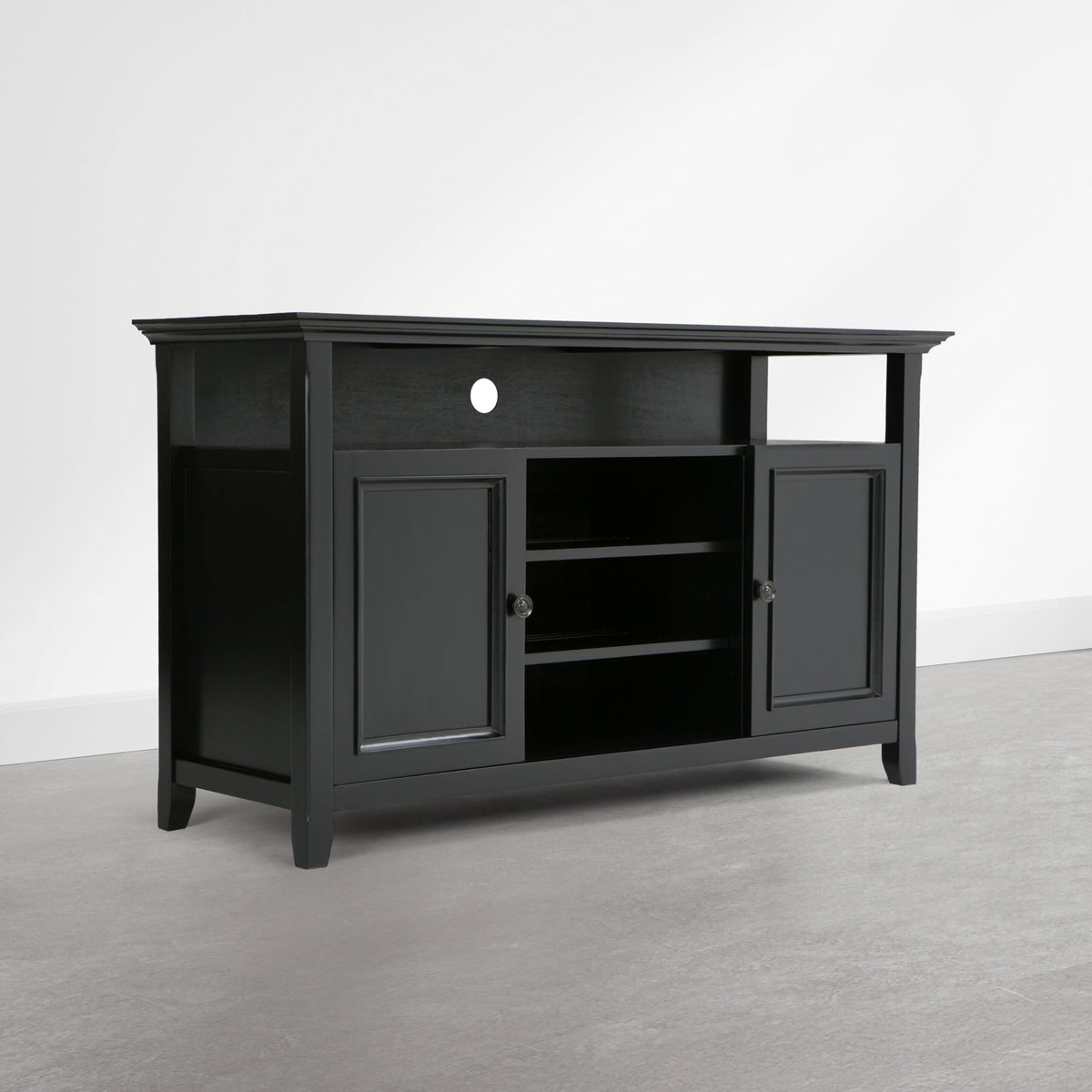 SIMPLIHOME Amherst TV Stand - 54 inch Wide Solid Wood Media Console in Deep Black, Transitional Entertainment Center for Living Room for TVs up to 60 Inches with Shelves and Cable Management