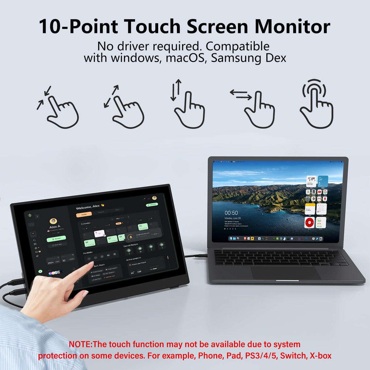 InnoView 15.6" Portable Monitor 60Hz Touchscreen 1080P 10-Point Touch Screen Monitor Portable with Protective Sleeve Built-in Stand, 1200:1 HDMI USB C Travel Monitors for Laptop, PC, Phone