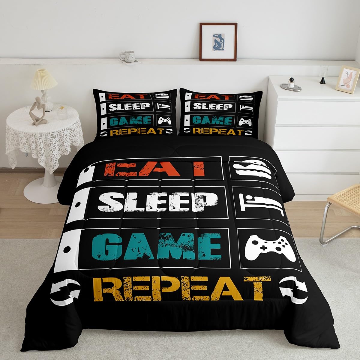 Boys Gaming Comforter Sets for Kids Queen Size Gamer Bedding Set Teens Video Games Comforter Duvet Room Decor Funny Creative Eat Sleep Game Repeat Design Reversible Inner Fill Quilt Set All Season