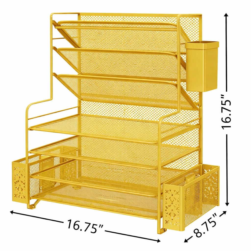 Simple Trending 7 Tier Desk File Organizer, Letter Tray Paper Organizer with Pen Holder and Metal Hanging Basket, Gold