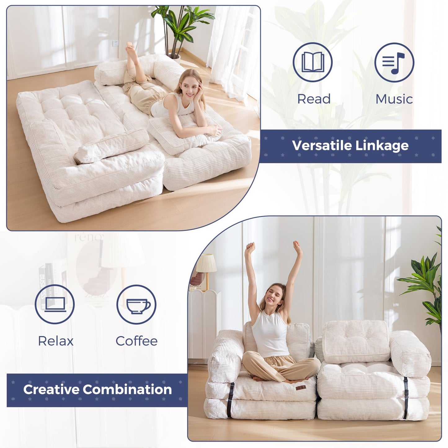 MAXYOYO Folding Sofa Bed, L-Shaped Convertible Sofa Foldable Sleeper Couch with Pillow, Portable Fold Out Chair Bed with Armrest Comfy Floor Lounge for Living Room Bedroom, Beige