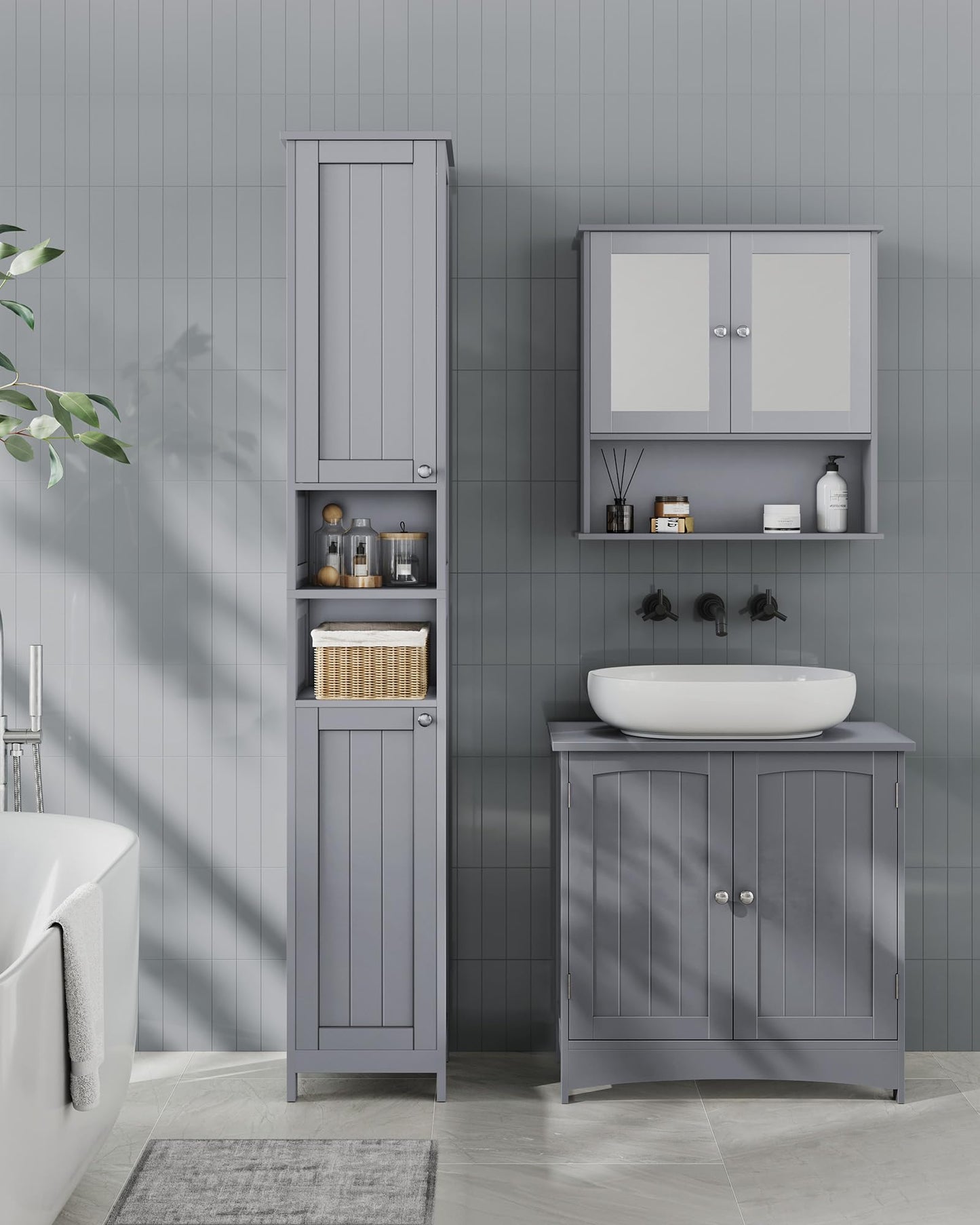 VASAGLE Tall Storage Cabinet with Lights, Slim Freestanding Cabinet with Adjustable Shelves, for Small Spaces, Bathroom, Living Room, Modern, 11.8 Inches Wide, Dove Gray UBBC566G02