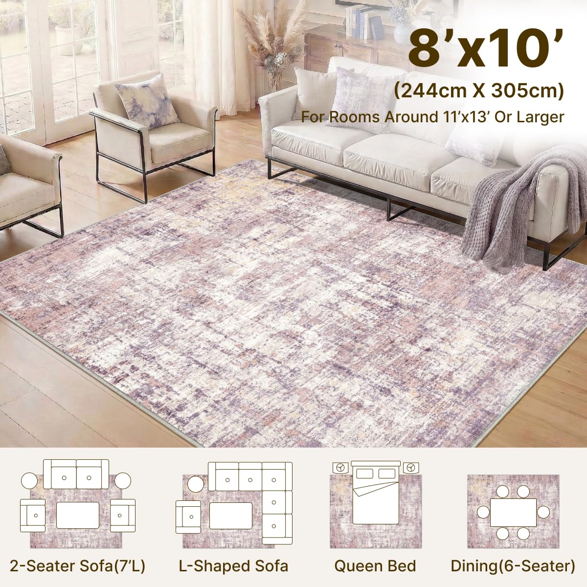Syrlfar 8x10 Area Rugs Washable Living Room Rug-No Slip Soft Carpets Modern Abstract Indoor Floor Stain Resistant Large Carpet for Bedroom Dining Room Farmhouse Nursery Home Office Pink