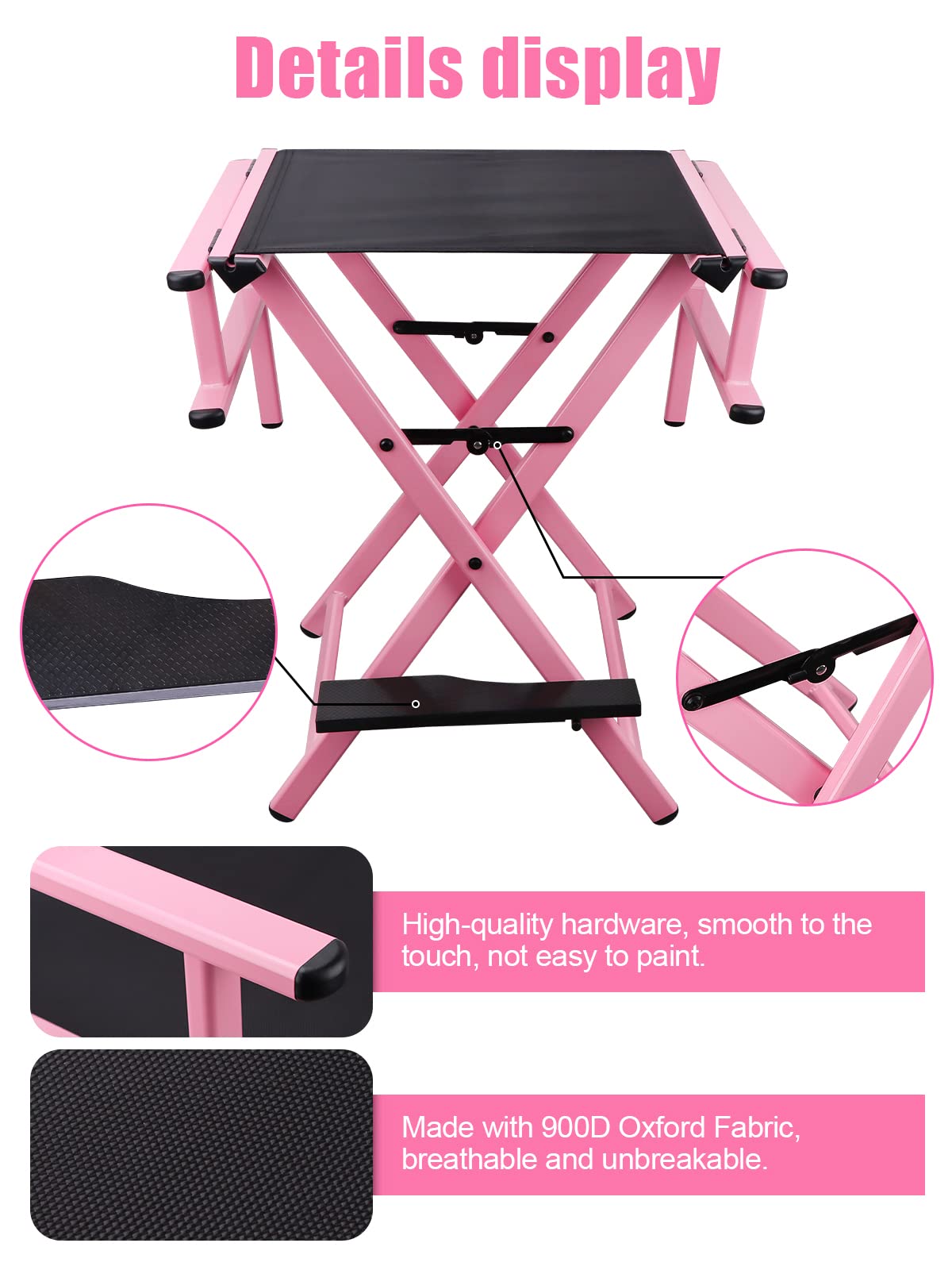 Lorvain Pink Foldable Makeup Artist Stool Chair, Aluminum Makeup Chair with Head Rest for Studio Salon Vanity, Bar Height