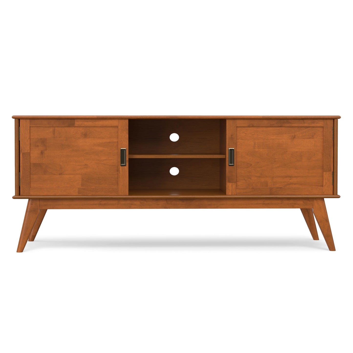 SIMPLIHOME Draper TV Stand - 60 inch Wide Solid Wood Low Media Console in Teak Brown, Mid Century Modern Entertainment Center for Living Room for TVs up to 65 Inches with Cabinets and Cable Management