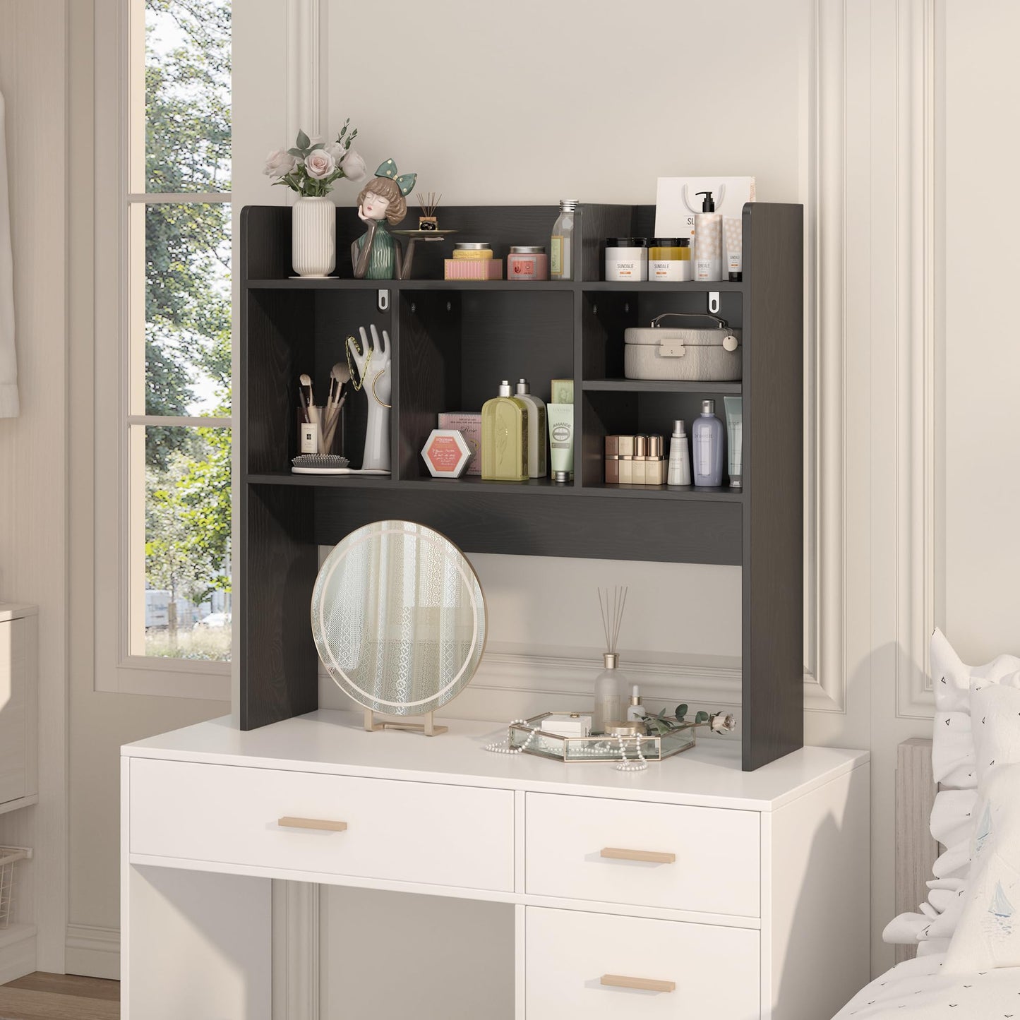 FUNHUKSON Desk Hutch with 6 Shelves, Desktop Bookshelf Organizer & Hutch Top for Desk, Over Desk Storage Shelf for Office, Home, Dorm | Space-Saving Design (Black)