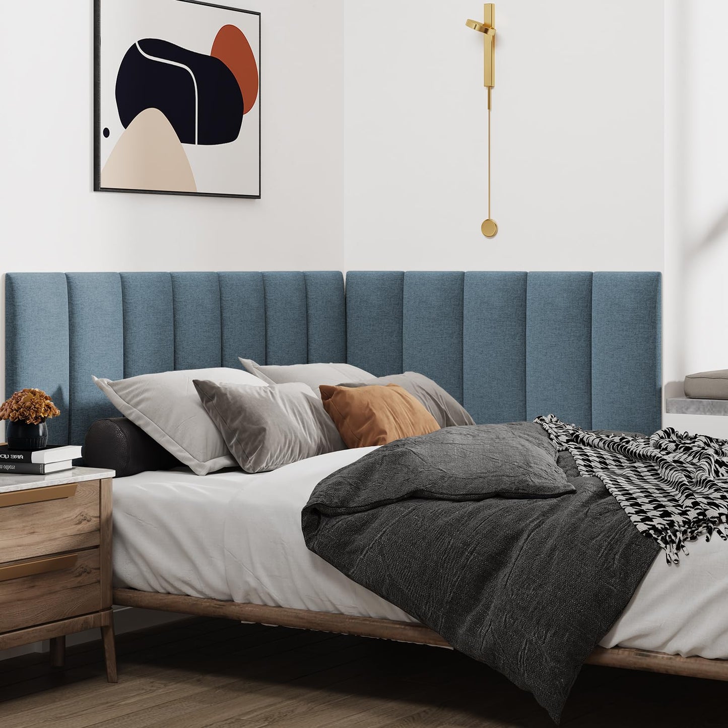 IFNOW Upholstered Wall Mounted Peel and Stick King Size Headboard, Soundproof 3D Wall Panels, Reusable and Removable Tufted Bed Headboard in Dusty Blue (12 Panels, 10" x 24")