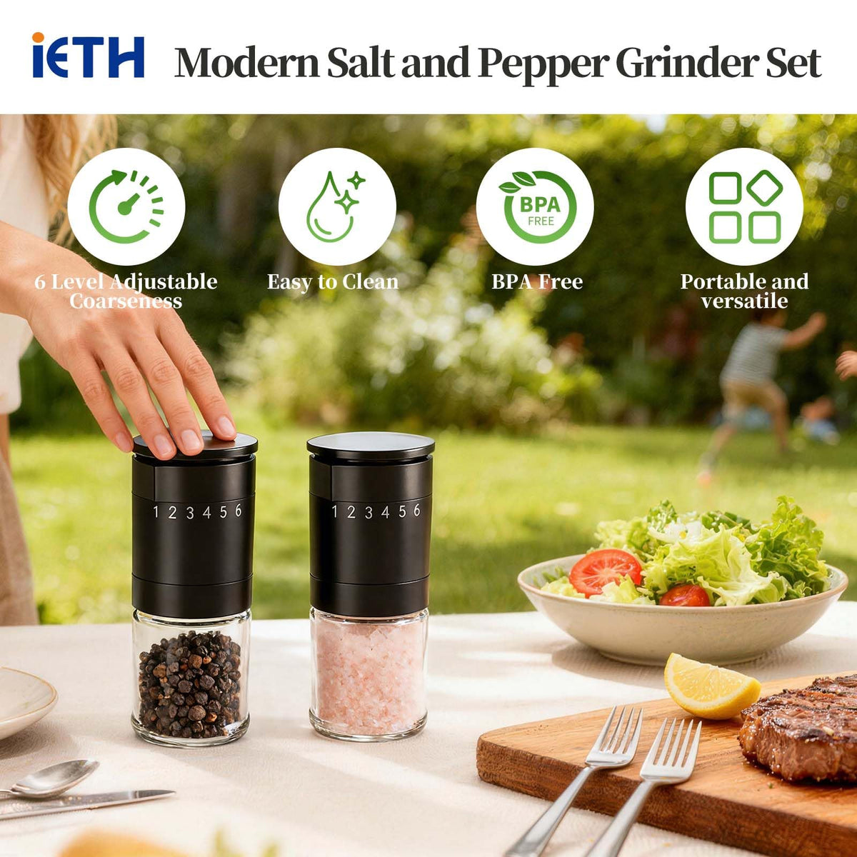 Manual Salt and Pepper Grinder Set, Black Pepper Grinder with Base Cover, 100ml Short Glass Shakers for Peppercorn with 6 Adjustable Coarseness Birthday Gifts for Women Mom