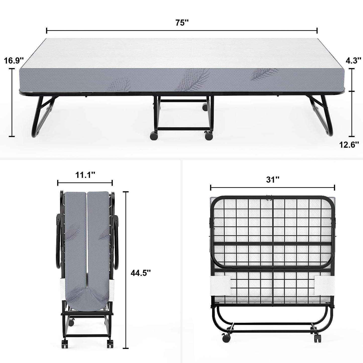 Karcog Rollaway Bed with Mattress for Adults, Folding Bed with Memory Foam Mattress and Sturdy Metal Frame, Cot Size Portable Guest Bed on Wheels with Storage Cover, 75” x 31”