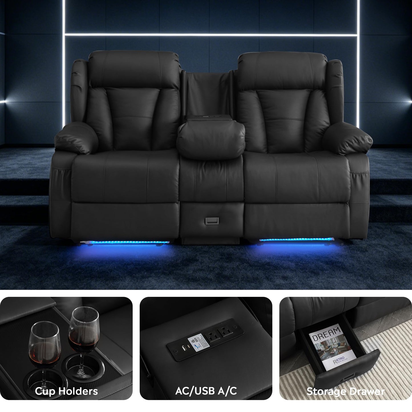 AHMED Loveseat Recliner Sofa with Console, Home Theater Seating with LED Lights, Cup Holders, USB Ports, Side Pockets, 2 Seater Manual Reclining Couch for Living Room, RV, Home Theater, Black