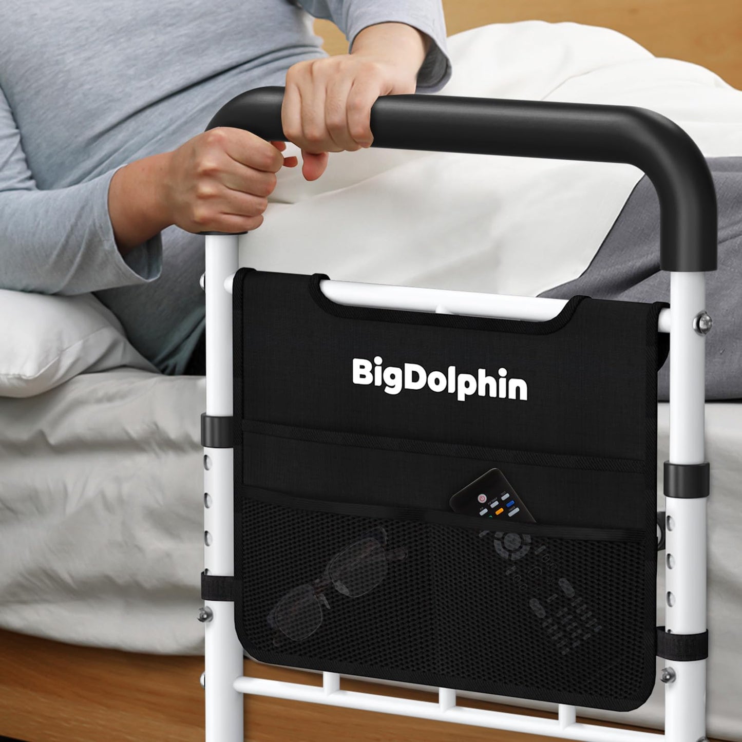 BigDolphin Bed Assist Rail for Elderly - ASTM Approved, 400 LBS Capacity, Tool-Free, Stable Bed Assist Rails for Seniors with Ergonomic Non-Slip Handle & Storage Pocket