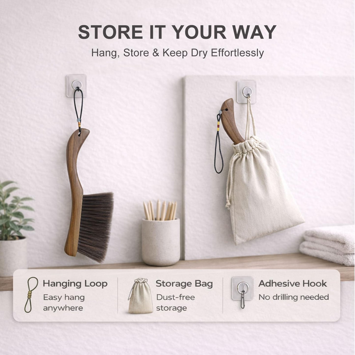 Hand Broom Dust Brush, Curved Wooden Bench Brush with Balanced Firmness Bristles for Couch, Bed, Car & Desk, Foxtail Brush & Crumb Sweeper with Drawstring Bag, Lanyard & Hook