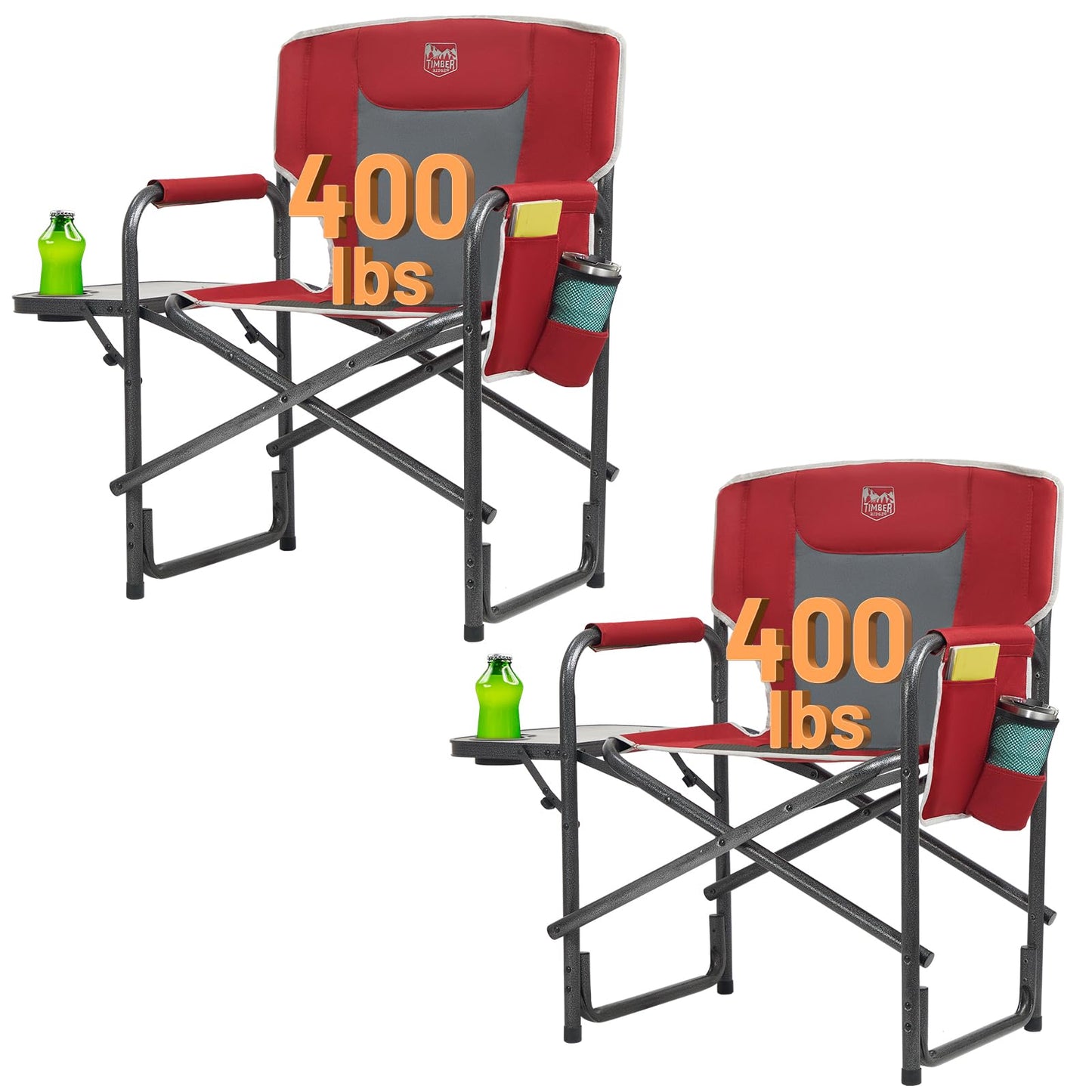 TIMBER RIDGE Aluminum Oversized Camping Chair, Lightweight Portable Directors Chair with Side Table Detachable Side Pocket for Outdoor Camping, Lawn, Picnic, Support 400lbs Red 2 Pack