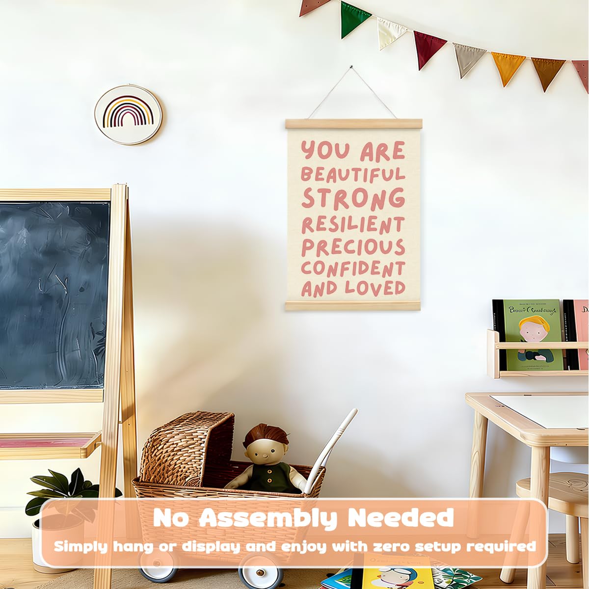 STHTTSW Positive Affirmations Baby Girl Nursery Decor,You Are Beautiful Banner Poster Hanger with Wooden Frames,Inspirational Wall Art for Toddler Girls Bedroom Kids Room Wall Decor 12x16 Inch