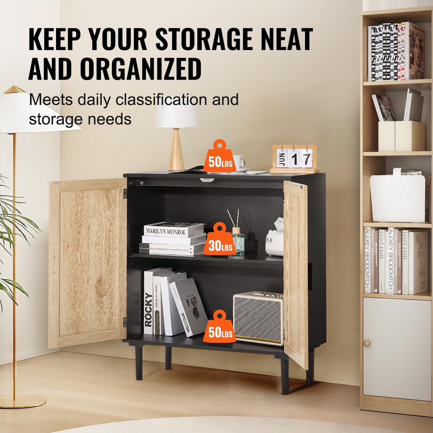 VEVOR Rattan Cabinet, Buffet Cabinet with Storage, Storage Cabinet with 2 Magnetic Doors and Adjustable Shelves, Sideboard Buffet for Hallway, Entryway, Living Room, or Kitchen, Black