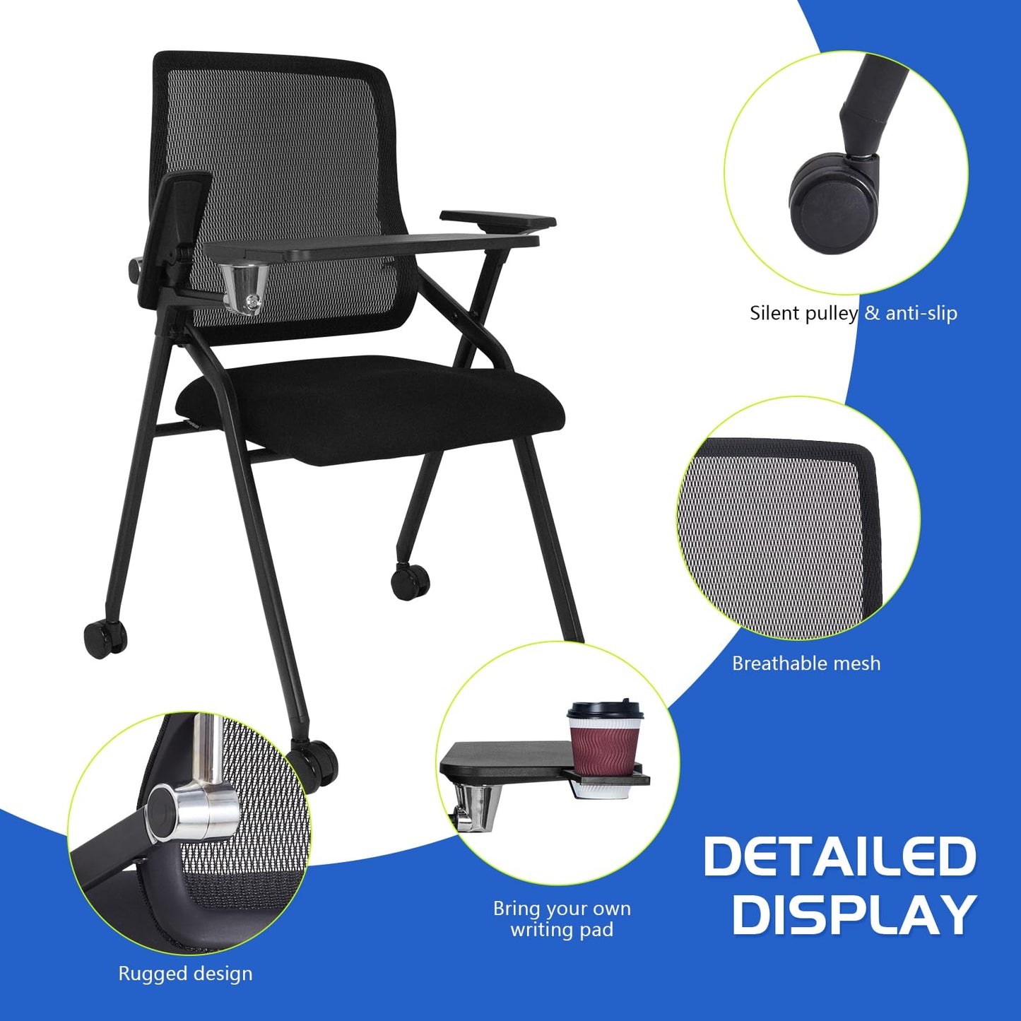 BLANEDUO Updated Conference Room Chairs with Tablet Arm, Folding Office Desk Chair with Lumbar Support and Sliding Armrest with Casters, Stackable Office Guest Chairs & Reception Chairs, 1 Pack Black